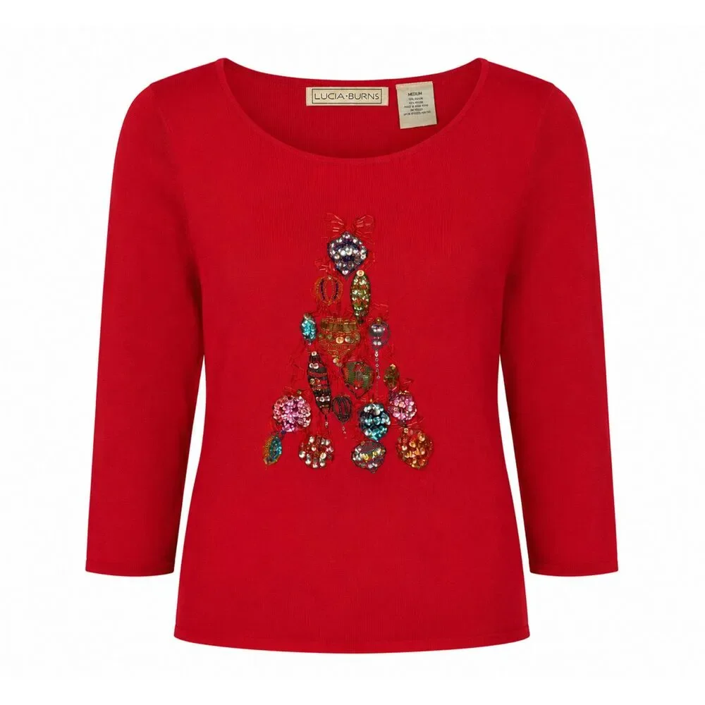 Lucia Burns Red Beaded Christmas Tree Sweater Women's Medium Holiday Knit Top